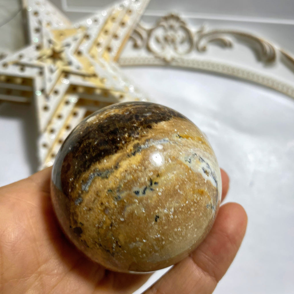 Gorgeous Patterns Brown Opal Sphere From Madagascar #3 (Includes Wood Stand) - Earth Family Crystals