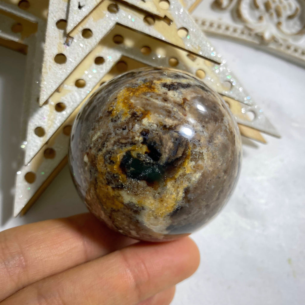 Gorgeous Patterns Brown Opal Sphere From Madagascar #2 (Includes Wood Stand) - Earth Family Crystals