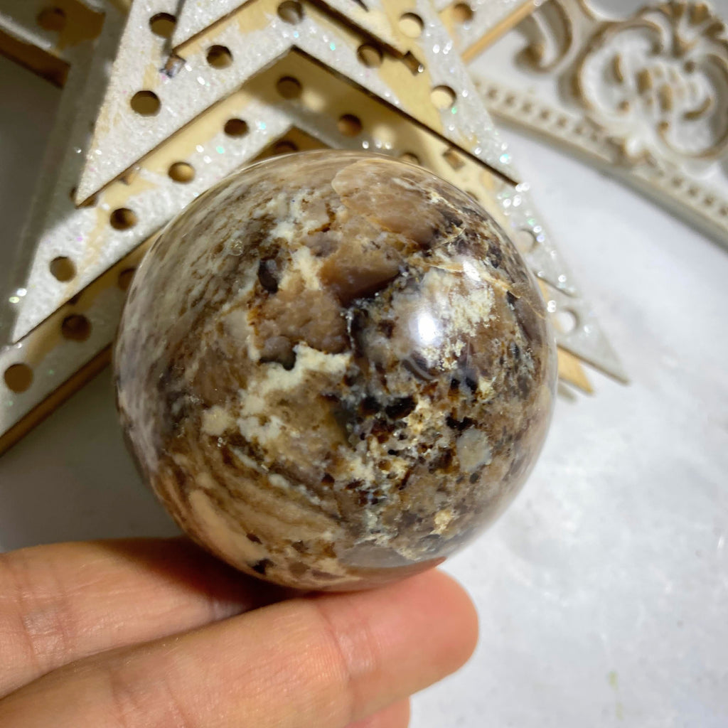 Gorgeous Patterns Brown Opal Sphere From Madagascar #1 (Includes Wood Stand) - Earth Family Crystals