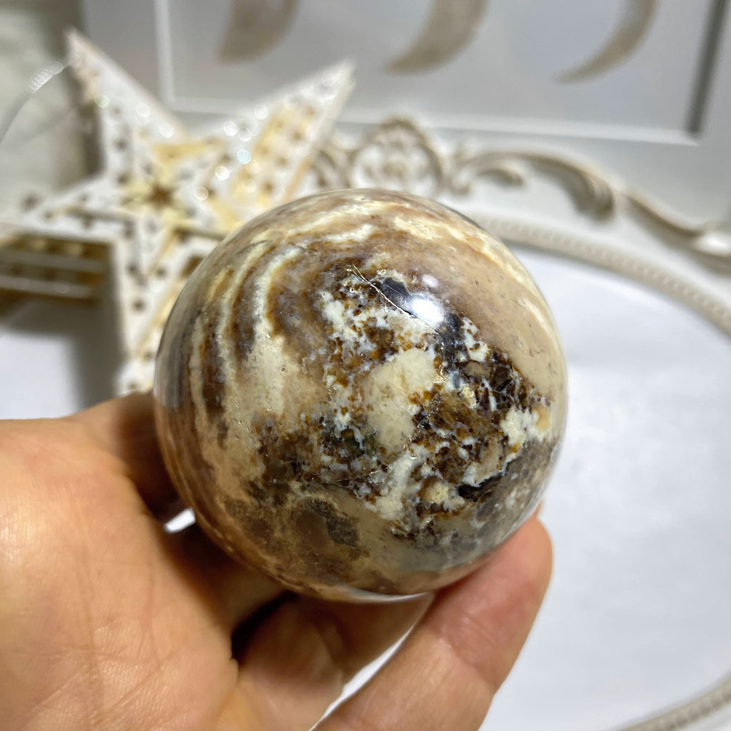 Gorgeous Patterns Brown Opal Sphere From Madagascar #1 (Includes Wood Stand) - Earth Family Crystals