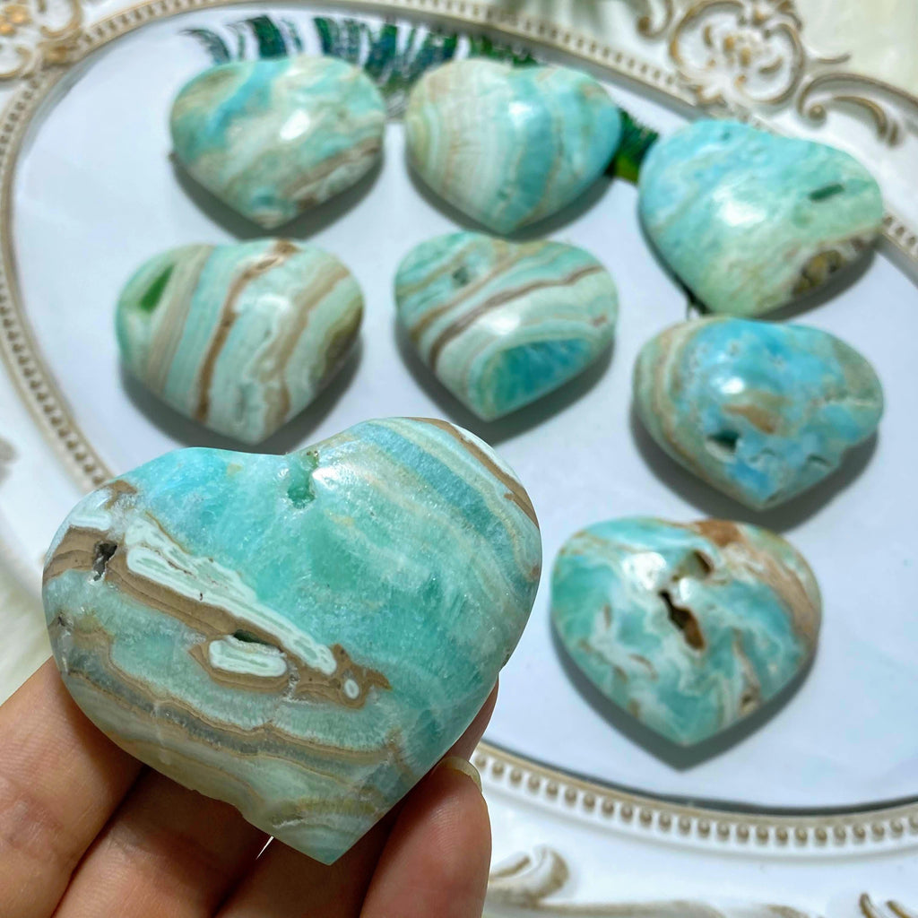 One Medium Stunning Blue Aragonite Heart Carving - Earth Family Crystals