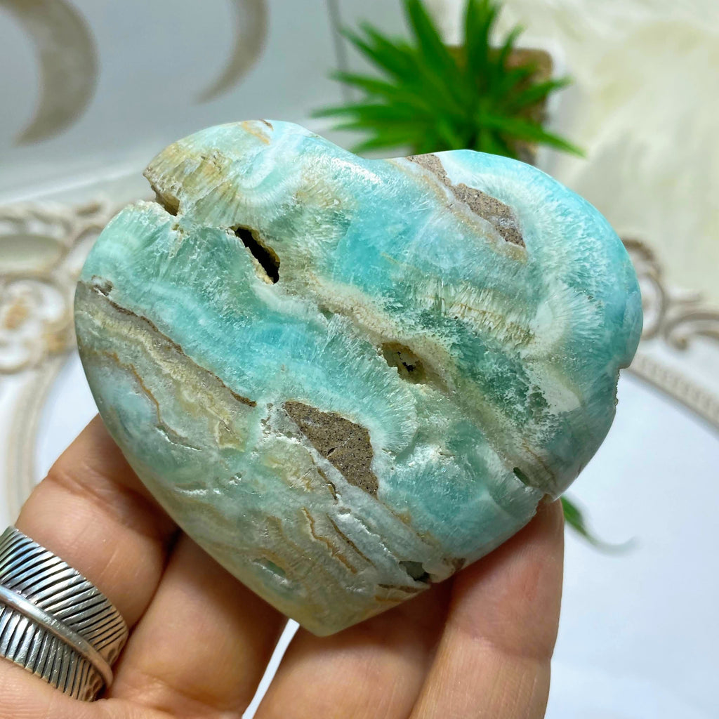 Beautiful Depth & Colors Large Blue Aragonite Partially Polished Heart  #1 - Earth Family Crystals