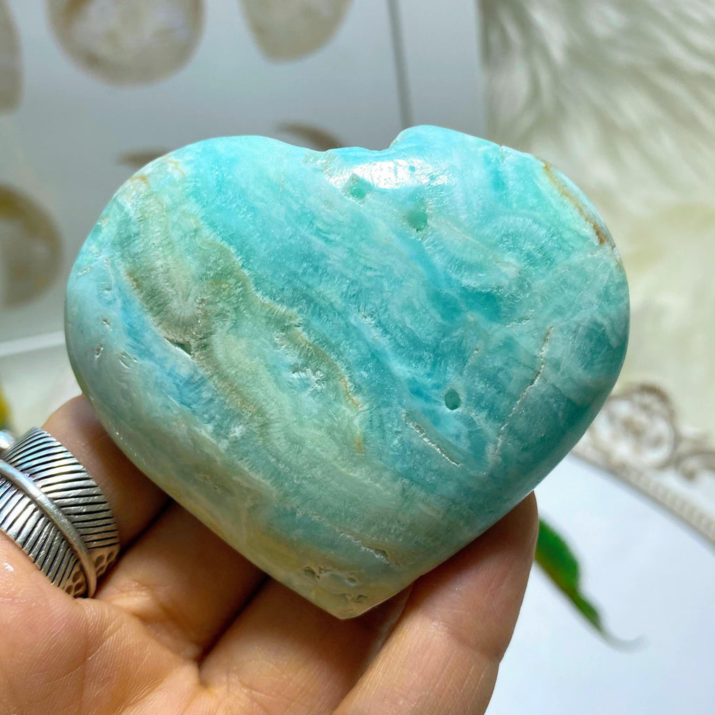 Beautiful Depth & Colors Large Blue Aragonite Partially Polished Heart  #2 - Earth Family Crystals