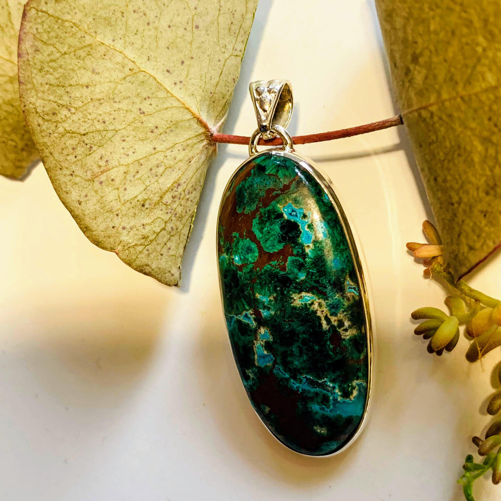 Gorgeous Chrysocolla Pendant with Malachite & Red Cuprite Inclusions in Sterling Silver (Includes Silver Chain) #1 - Earth Family Crystals