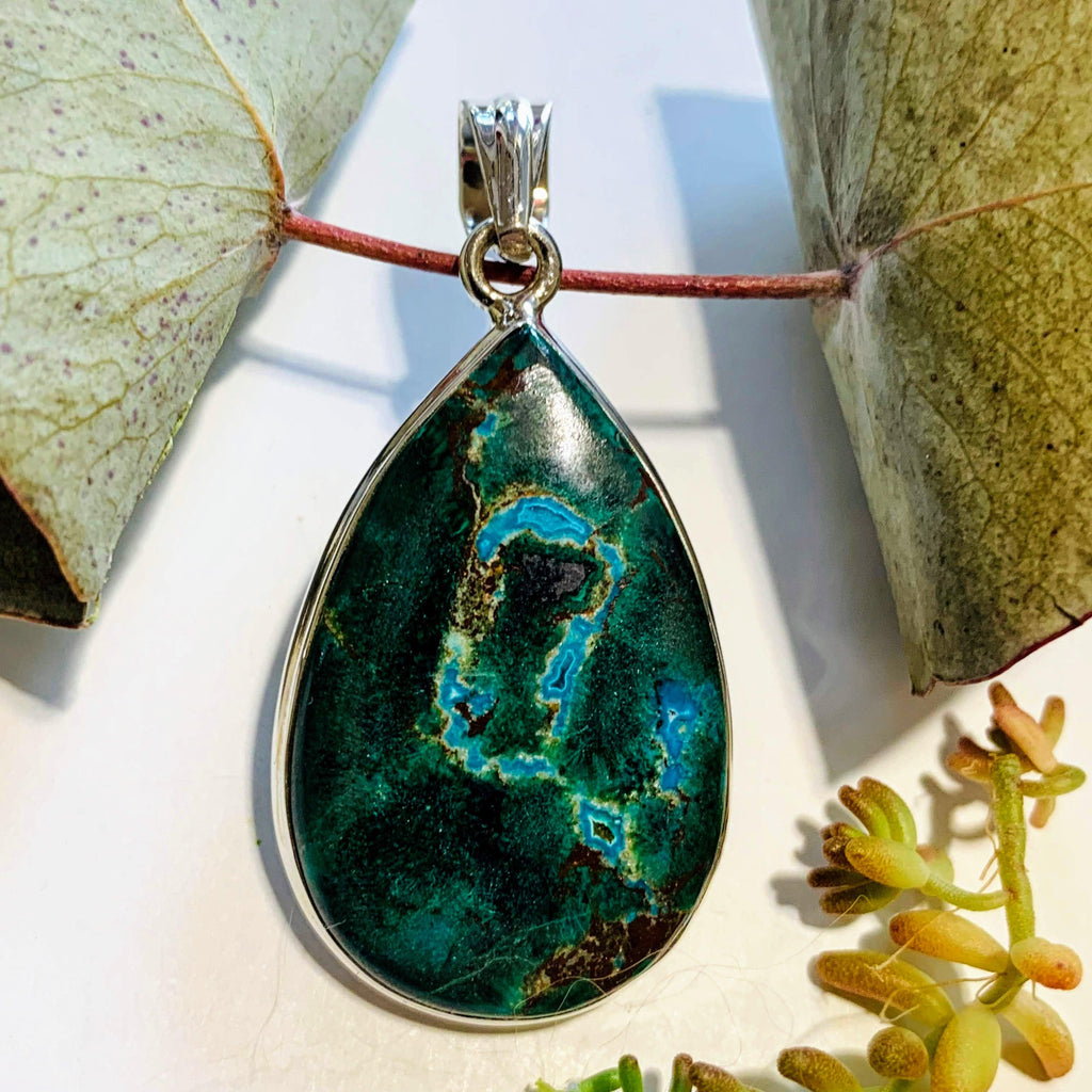 Gorgeous Chrysocolla Pendant with Malachite & Red Cuprite Inclusions in Sterling Silver (Includes Silver Chain) #3 - Earth Family Crystals