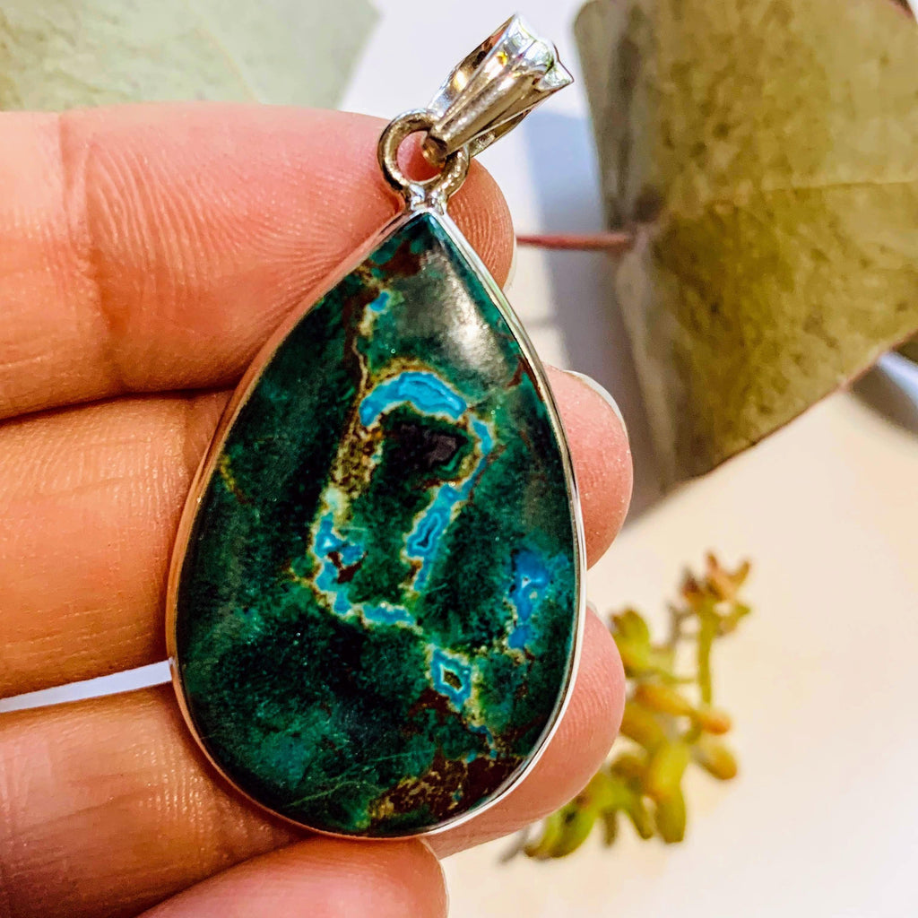 Gorgeous Chrysocolla Pendant with Malachite & Red Cuprite Inclusions in Sterling Silver (Includes Silver Chain) #3 - Earth Family Crystals