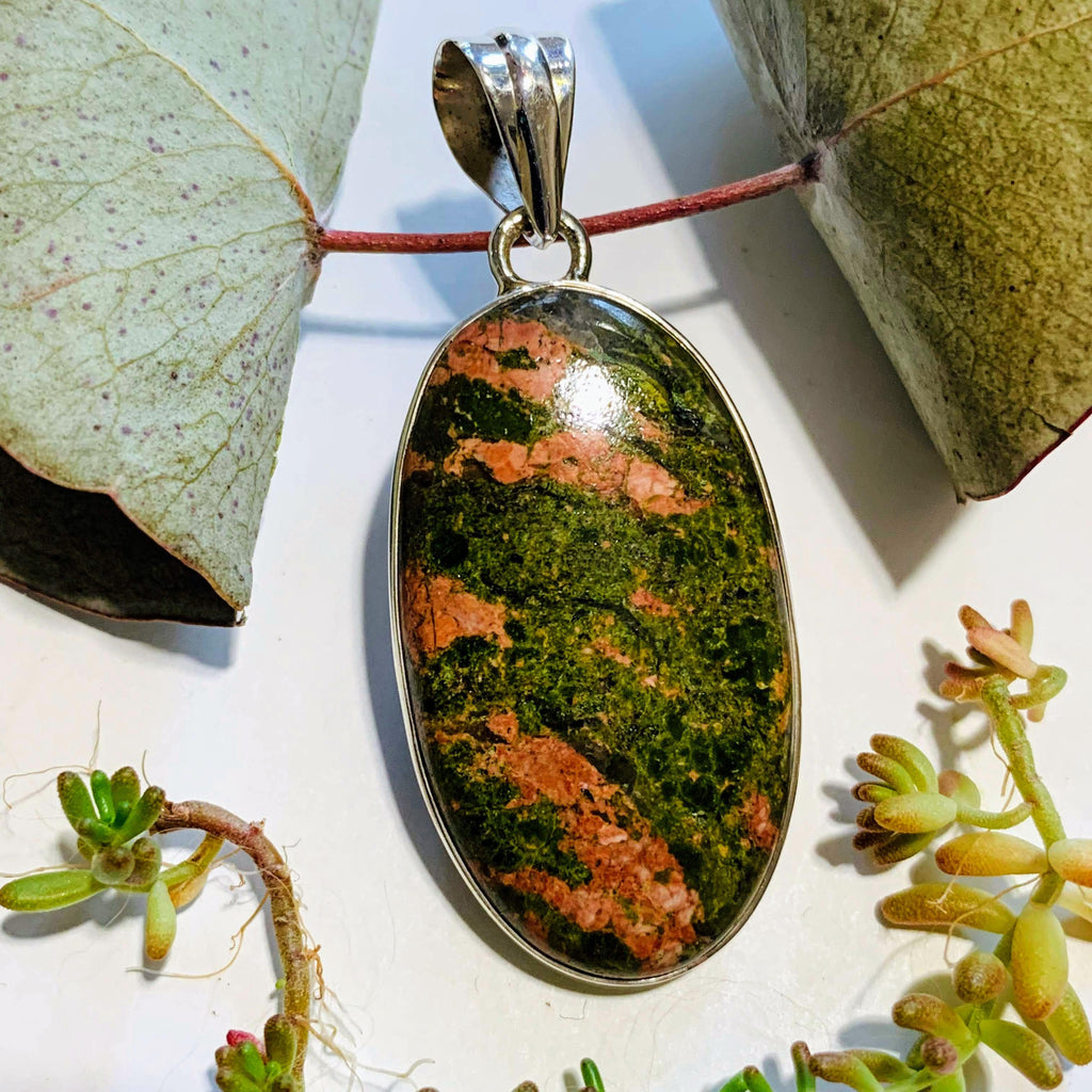 Salmon Pink & Forest Green Unakite Sterling Silver Pendant (Includes Silver Chain) - Earth Family Crystals