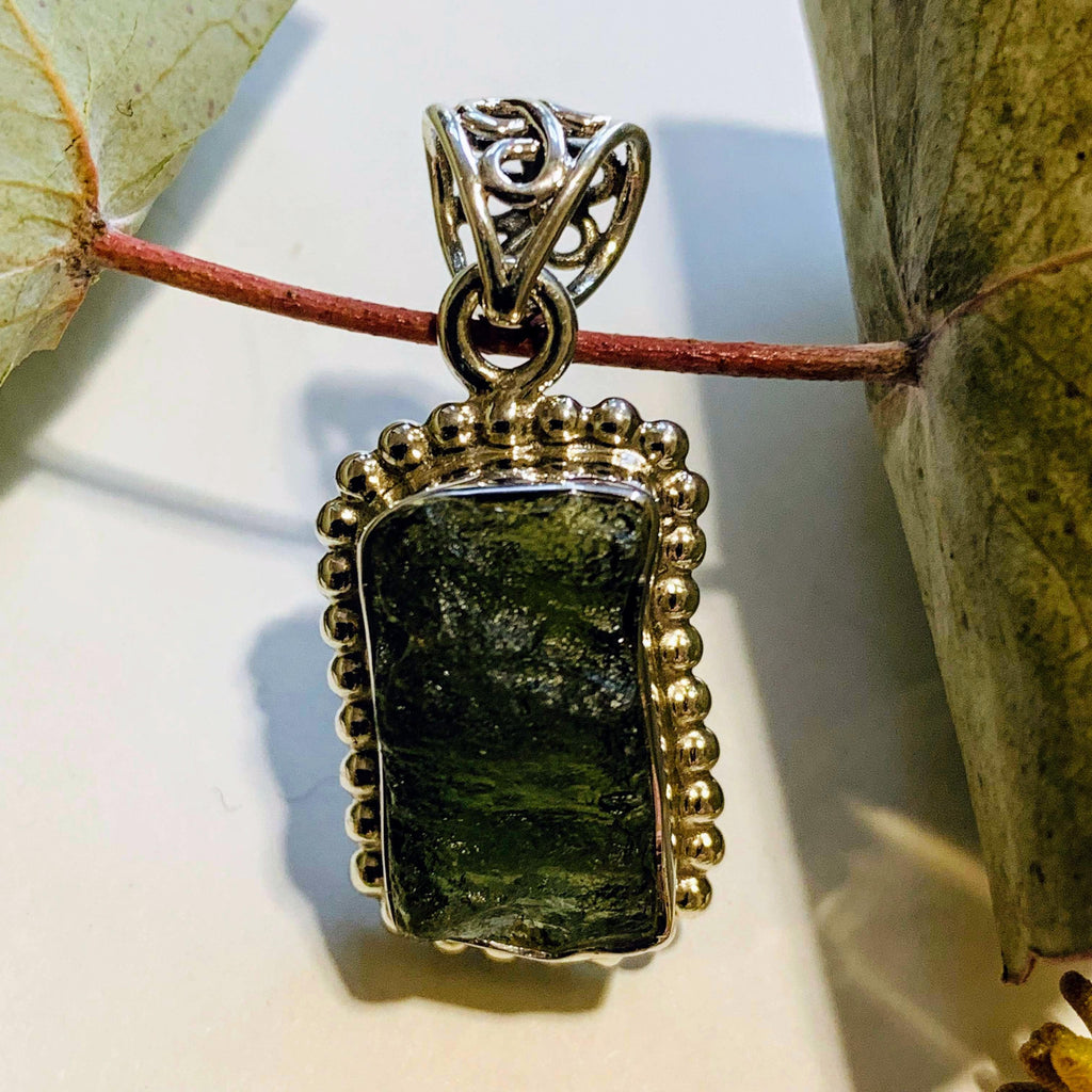 Genuine Deep Green Raw Moldavite Pendant In Sterling Silver (Includes Silver Chain) #1 - Earth Family Crystals