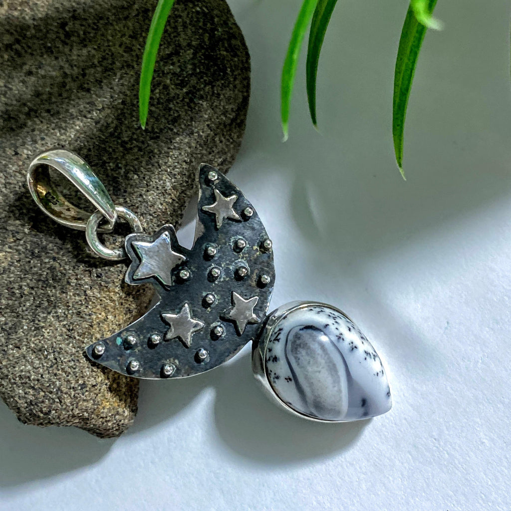 Dendritic Agate Moon & Stars Sterling Silver Pendant (Includes Silver Chain) - Earth Family Crystals