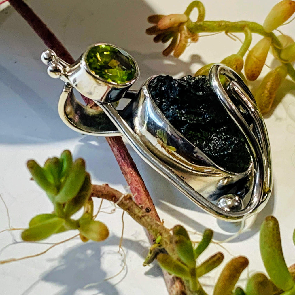 Genuine Deep Green Raw Moldavite & Faceted Peridot Pendant In Sterling Silver (Includes Silver Chain) #3 - Earth Family Crystals