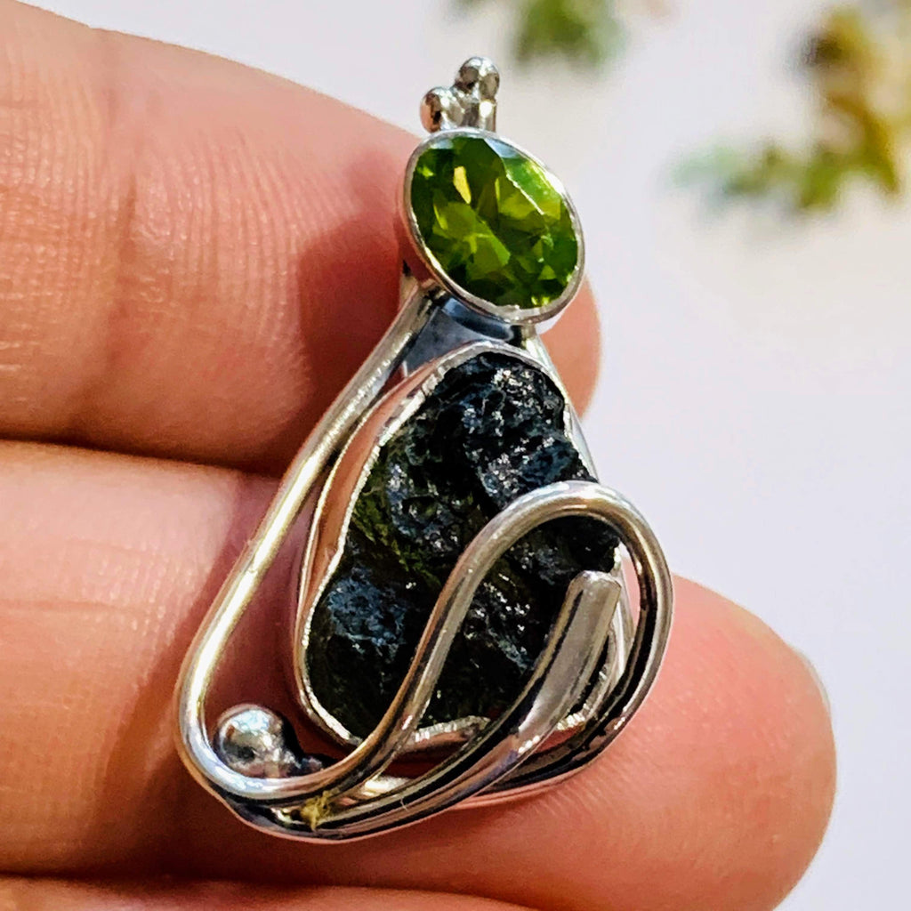Genuine Deep Green Raw Moldavite & Faceted Peridot Pendant In Sterling Silver (Includes Silver Chain) #3 - Earth Family Crystals
