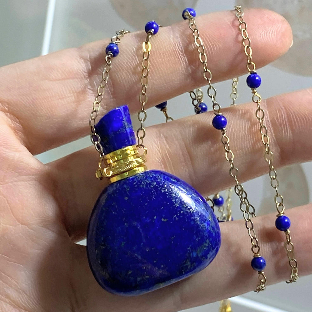 The Original ~High Quality Lapis Lazuli Essential Oil/Perfume Bottle Necklace (24 inch Beaded Lapis Lazuli Sterling Silver Chain - Earth Family Crystals