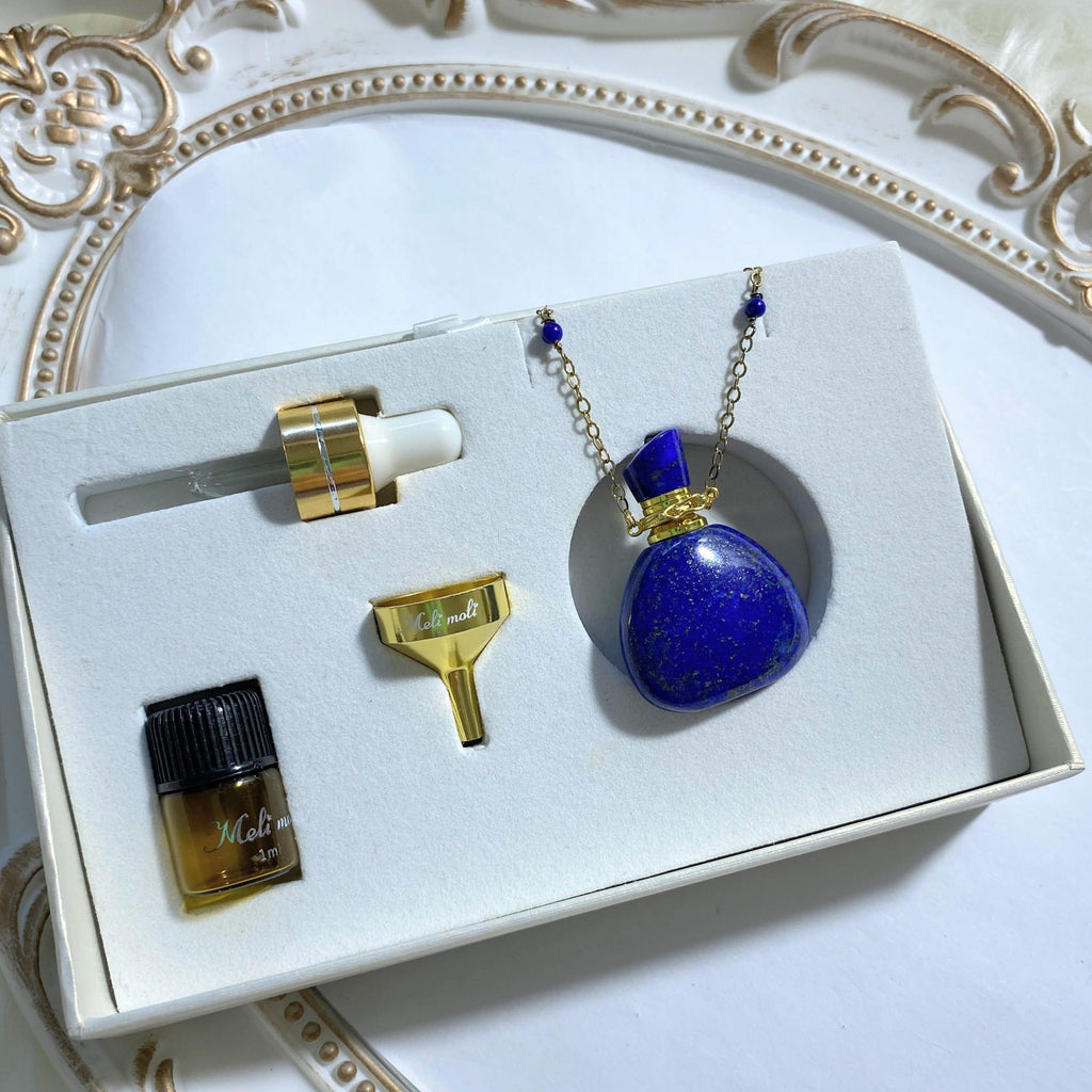 The Original ~High Quality Lapis Lazuli Essential Oil/Perfume Bottle Necklace (24 inch Beaded Lapis Lazuli Sterling Silver Chain - Earth Family Crystals