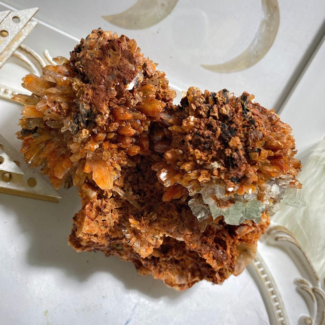 Gorgeous XXL Sparkling Orange Creedite Specimen with Aqua Blue/Green Fluorite Inclusions -Locality Mexico - Earth Family Crystals