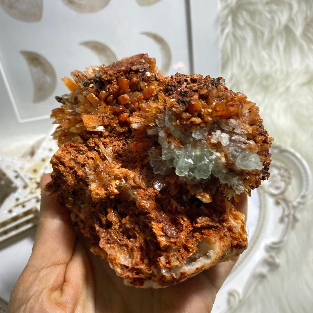 Gorgeous XXL Sparkling Orange Creedite Specimen with Aqua Blue/Green Fluorite Inclusions -Locality Mexico - Earth Family Crystals
