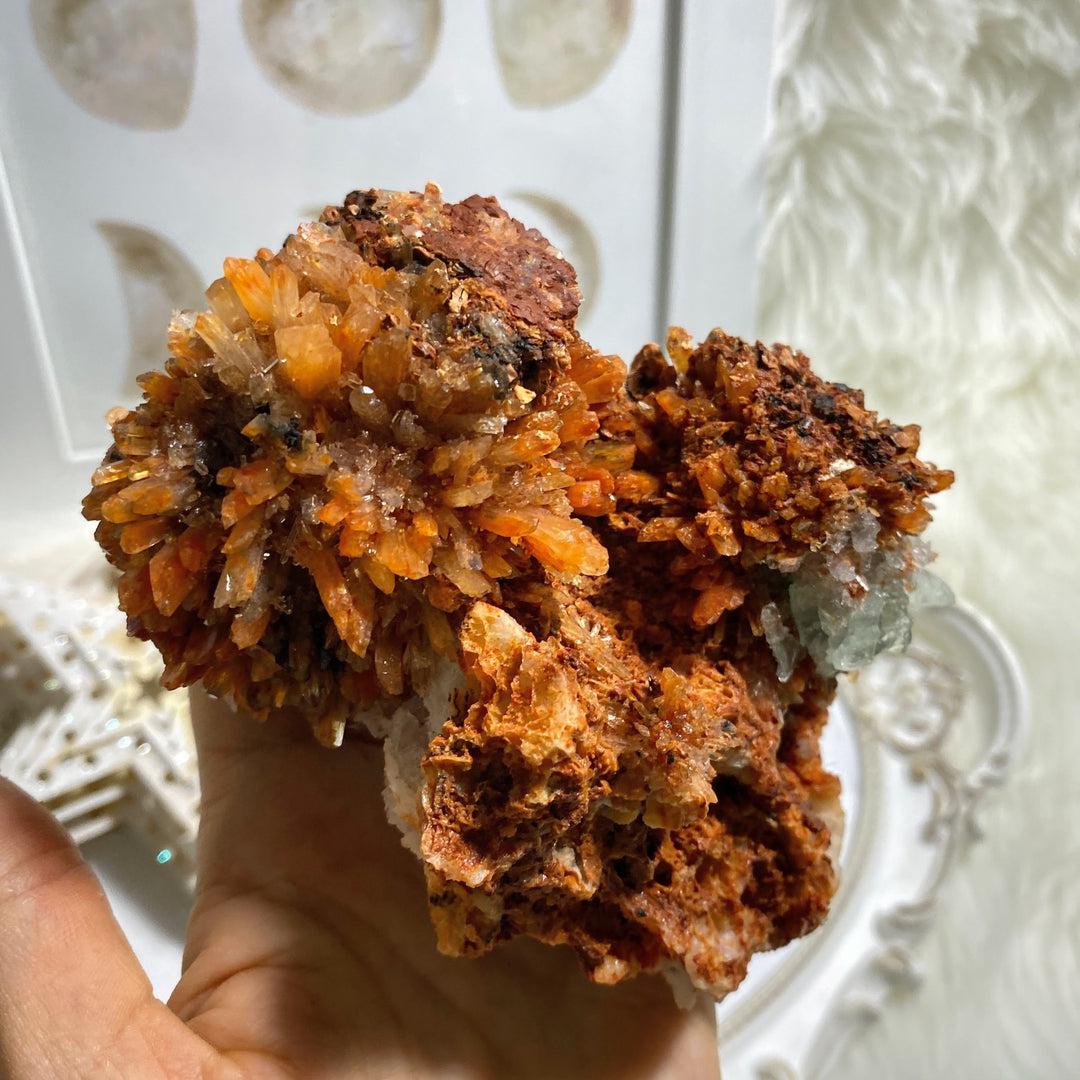 Gorgeous XXL Sparkling Orange Creedite Specimen with Aqua Blue/Green Fluorite Inclusions -Locality Mexico - Earth Family Crystals