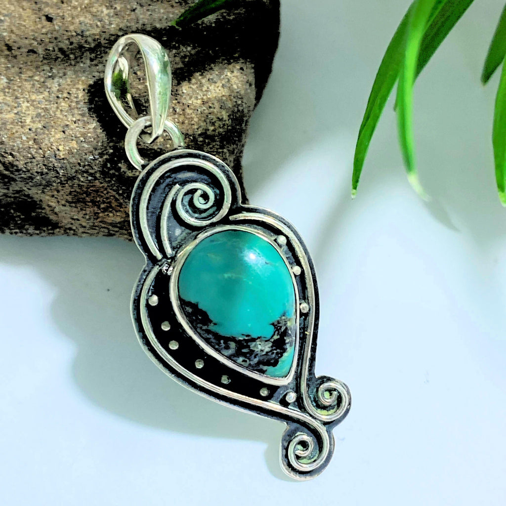 Elegant Tibetan Turquoise Sterling Silver Pendant (Includes Silver Chain) - Earth Family Crystals