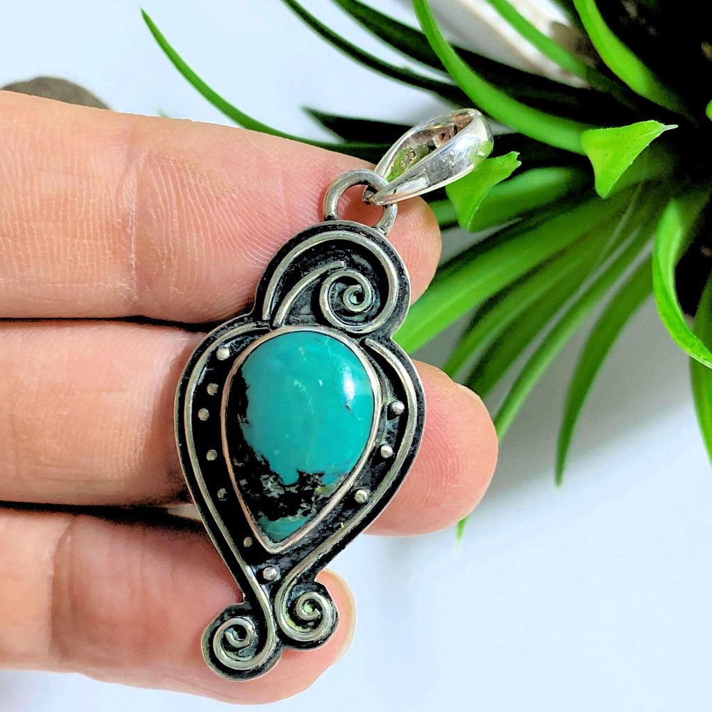 Elegant Tibetan Turquoise Sterling Silver Pendant (Includes Silver Chain) - Earth Family Crystals