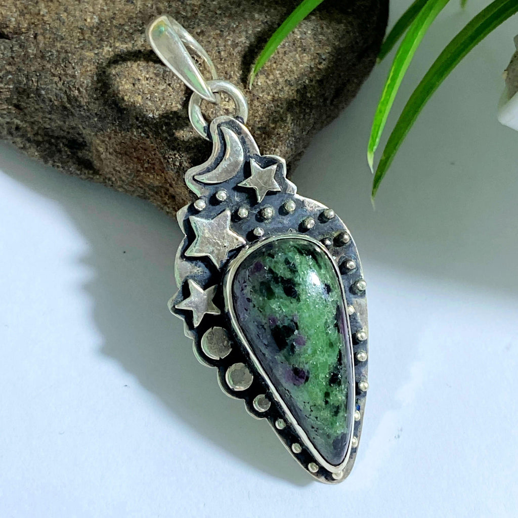 Ruby Zoisite Moon & Stars Sterling Silver Pendant (Includes Silver Chain) - Earth Family Crystals