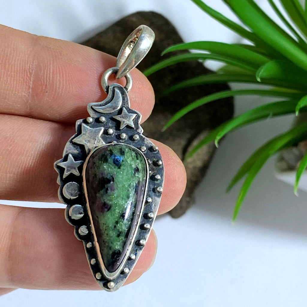 Ruby Zoisite Moon & Stars Sterling Silver Pendant (Includes Silver Chain) - Earth Family Crystals