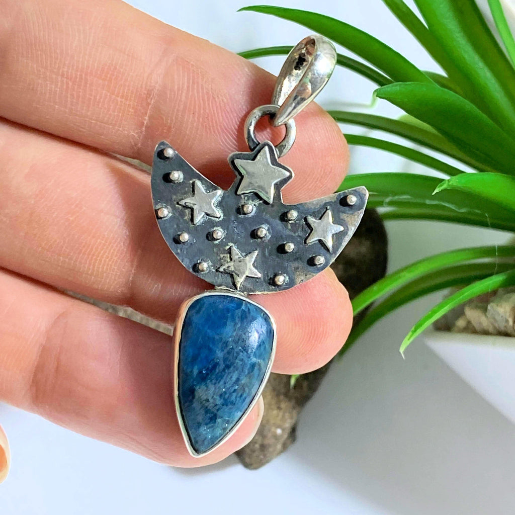 Blue Apatite Moon & Stars Sterling Silver Pendant (Includes Silver Chain) - Earth Family Crystals