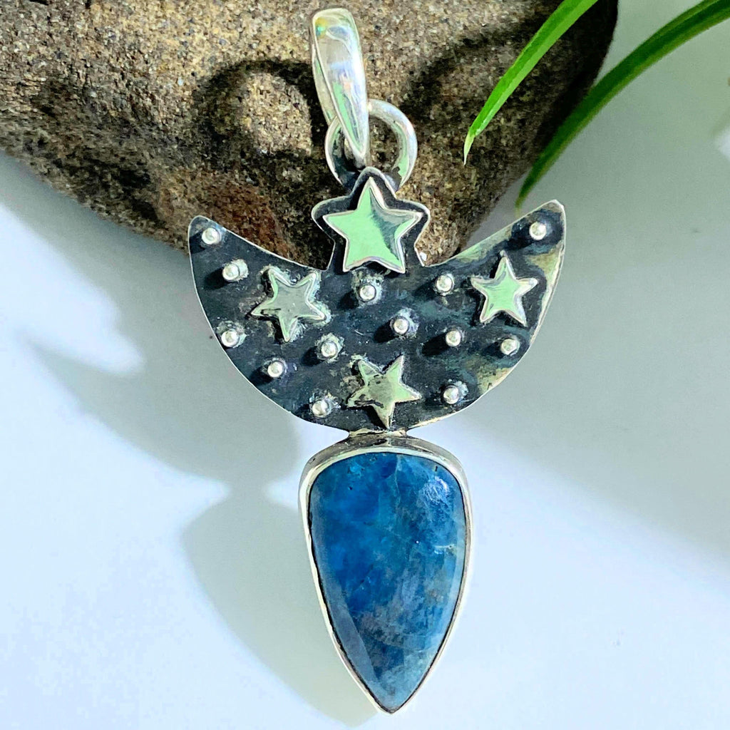 Blue Apatite Moon & Stars Sterling Silver Pendant (Includes Silver Chain) - Earth Family Crystals