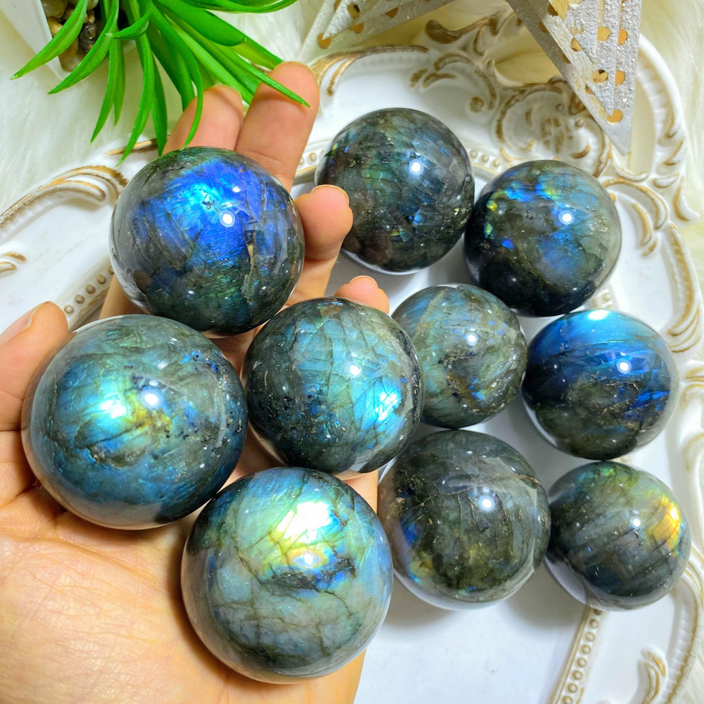 One Flashy Medium Labradorite Sphere Carving~ Includes Wood Stand - Earth Family Crystals