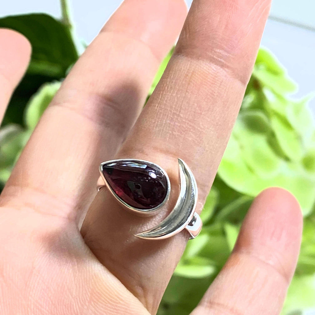 RESERVED~Red Garnet & Crescent Moon Sterling Silver Ring (Size Adjustable~8.5-9.5) - Earth Family Crystals