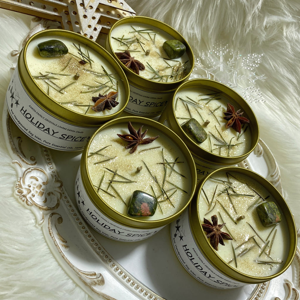 Limited Edition! HOLIDAY SPICE Essential Oil & Unakite Crystal 8oz Soy Candle - Earth Family Crystals