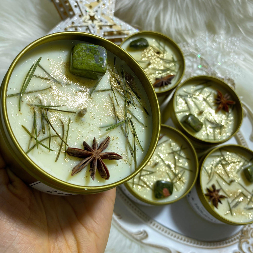 Limited Edition! HOLIDAY SPICE Essential Oil & Unakite Crystal 8oz Soy Candle - Earth Family Crystals