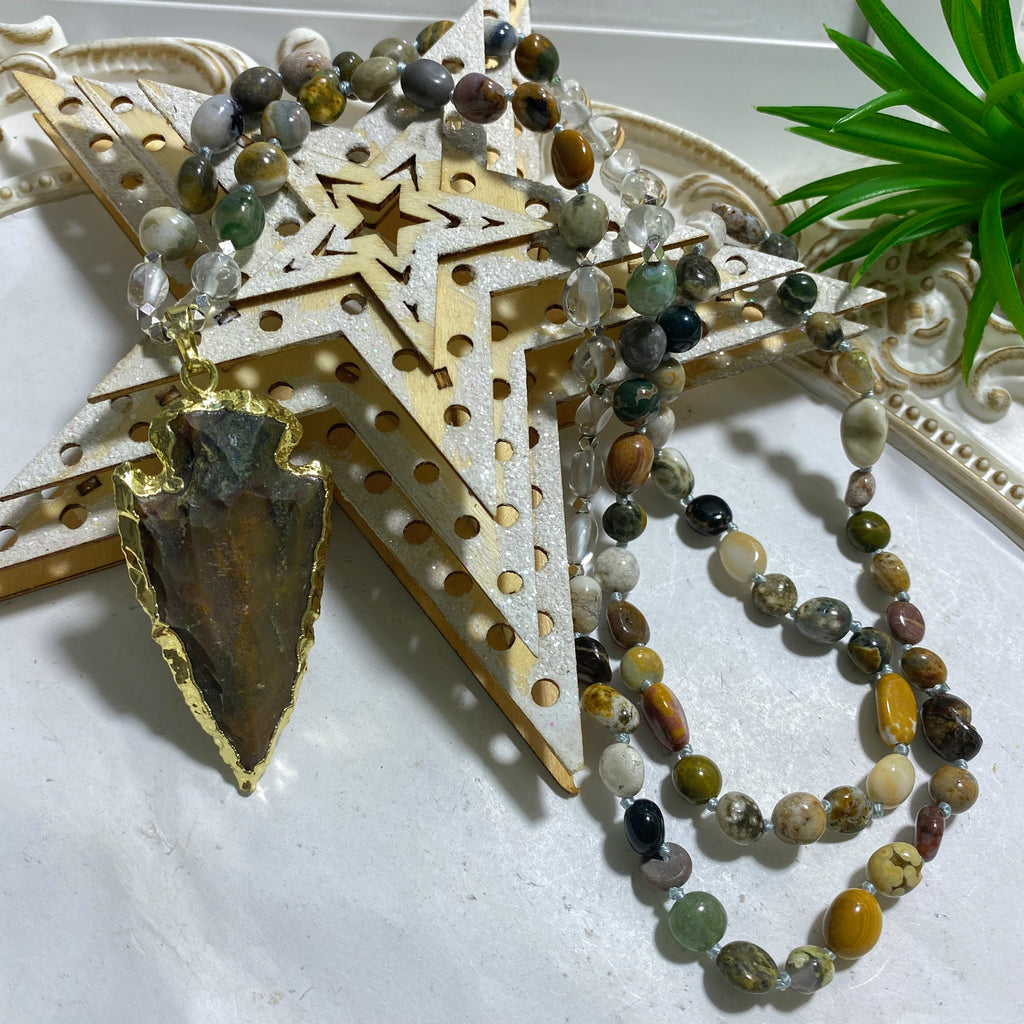 Beautiful Jasper Arrowhead & Beaded Colorful Jasper & Clear Quartz Mala Style Necklace - Earth Family Crystals