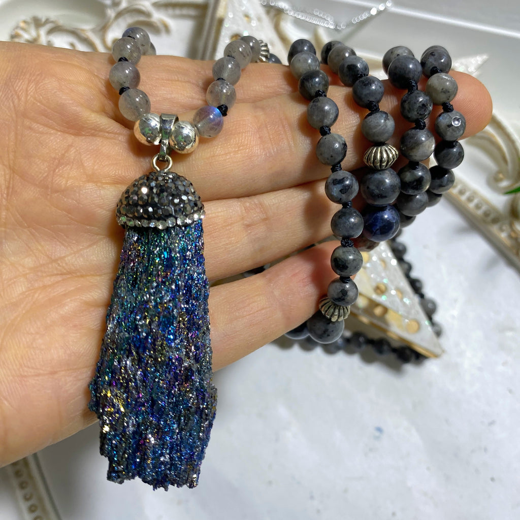 Beautiful Peacock Crystal & Beaded Labradorite & accent Stones Mala Style Necklace - Earth Family Crystals