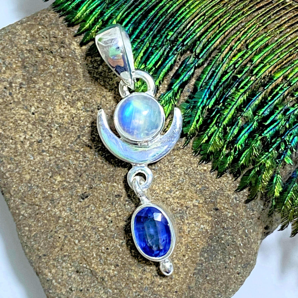 Faceted Gemmy Blue Kyanite & Rainbow Moonstone Moon Sterling Silver Pendant (Includes Silver Chain) #6 - Earth Family Crystals