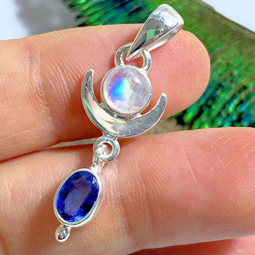 Faceted Gemmy Blue Kyanite & Rainbow Moonstone Moon Sterling Silver Pendant (Includes Silver Chain) #6 - Earth Family Crystals