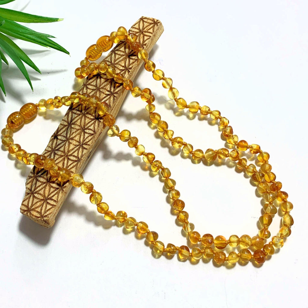 One Lithuanian Golden Baltic Amber Double Clasp Long Adult Necklace - Earth Family Crystals