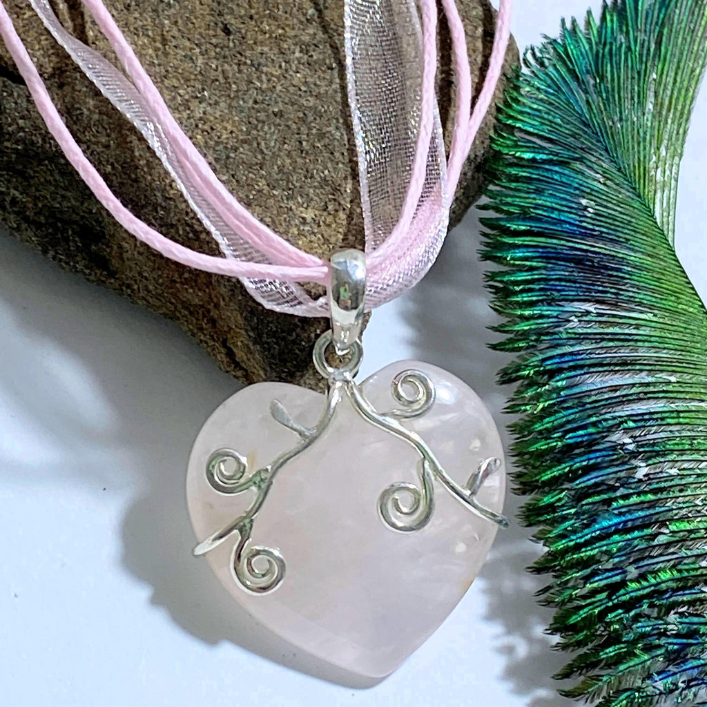 Sweet Rose Quartz Heart Sterling Silver Pendant On Pink Adjustable Chain (18 inch) - Earth Family Crystals