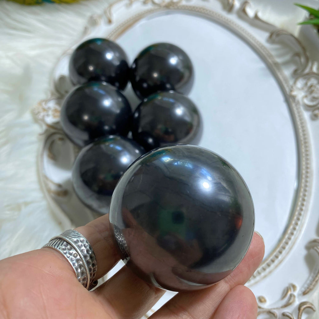 One Polished Shungite Medium Sphere From Russia (Includes Sphere Stand) - Earth Family Crystals
