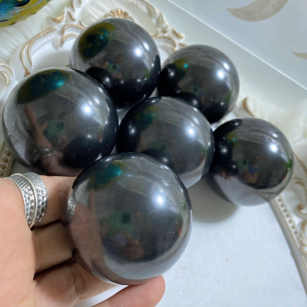 One Polished Shungite Medium Sphere From Russia (Includes Sphere Stand) - Earth Family Crystals