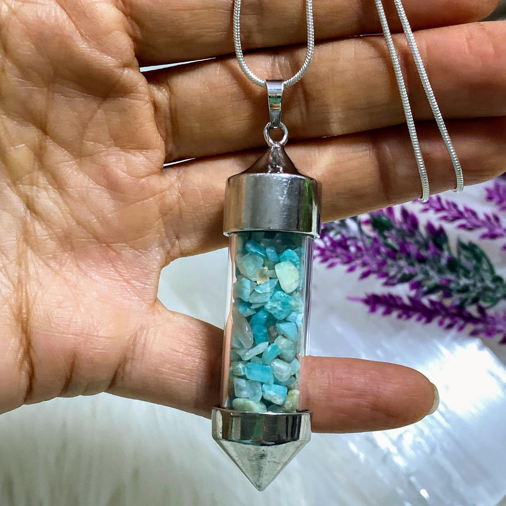 Amazonite Crystals in Chunky Glass Vial Pendant/Pendulum on 20" Silver Chain - Earth Family Crystals