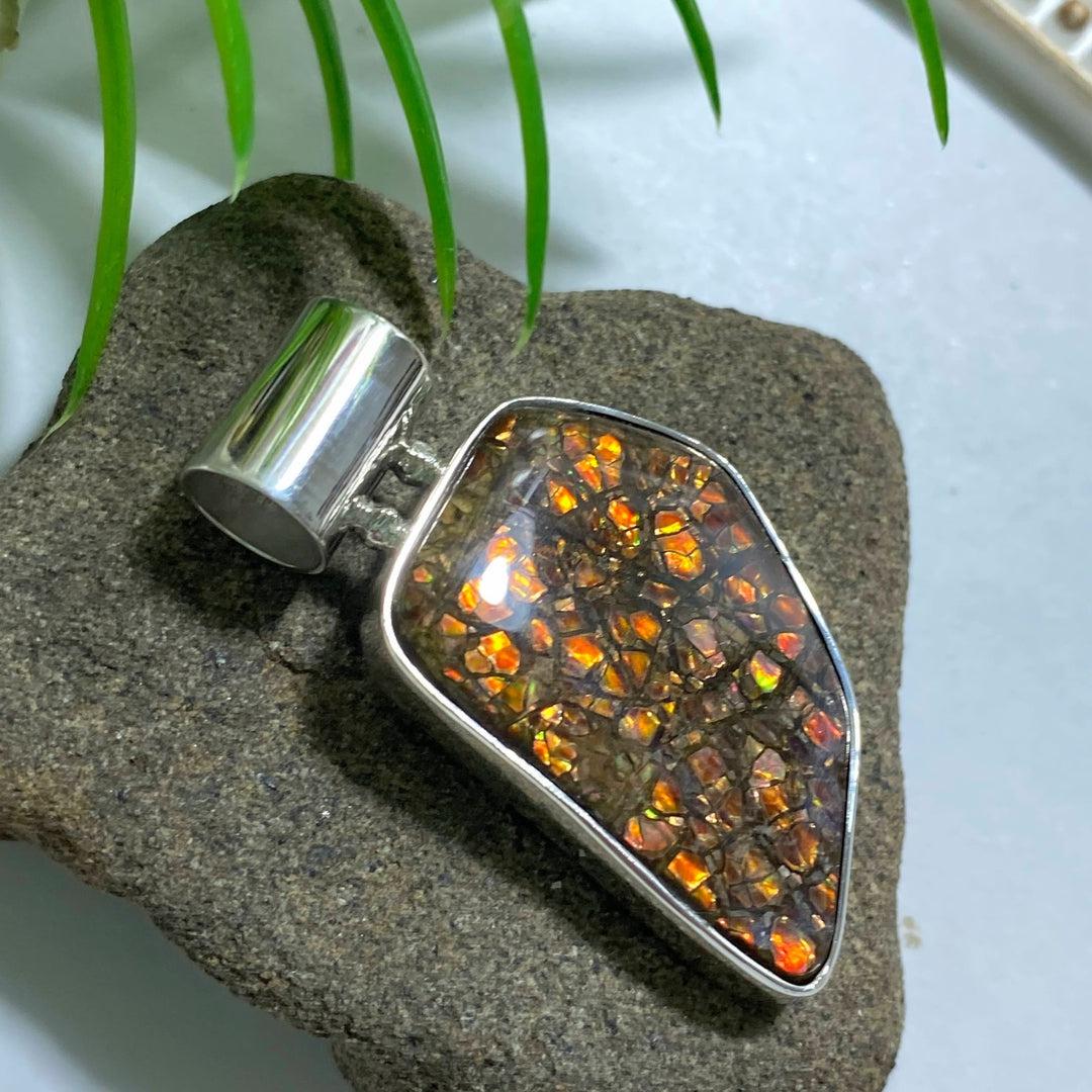 Flashy Red Ammolite Pendant in Sterling Silver (Includes Silver Chain) - Earth Family Crystals