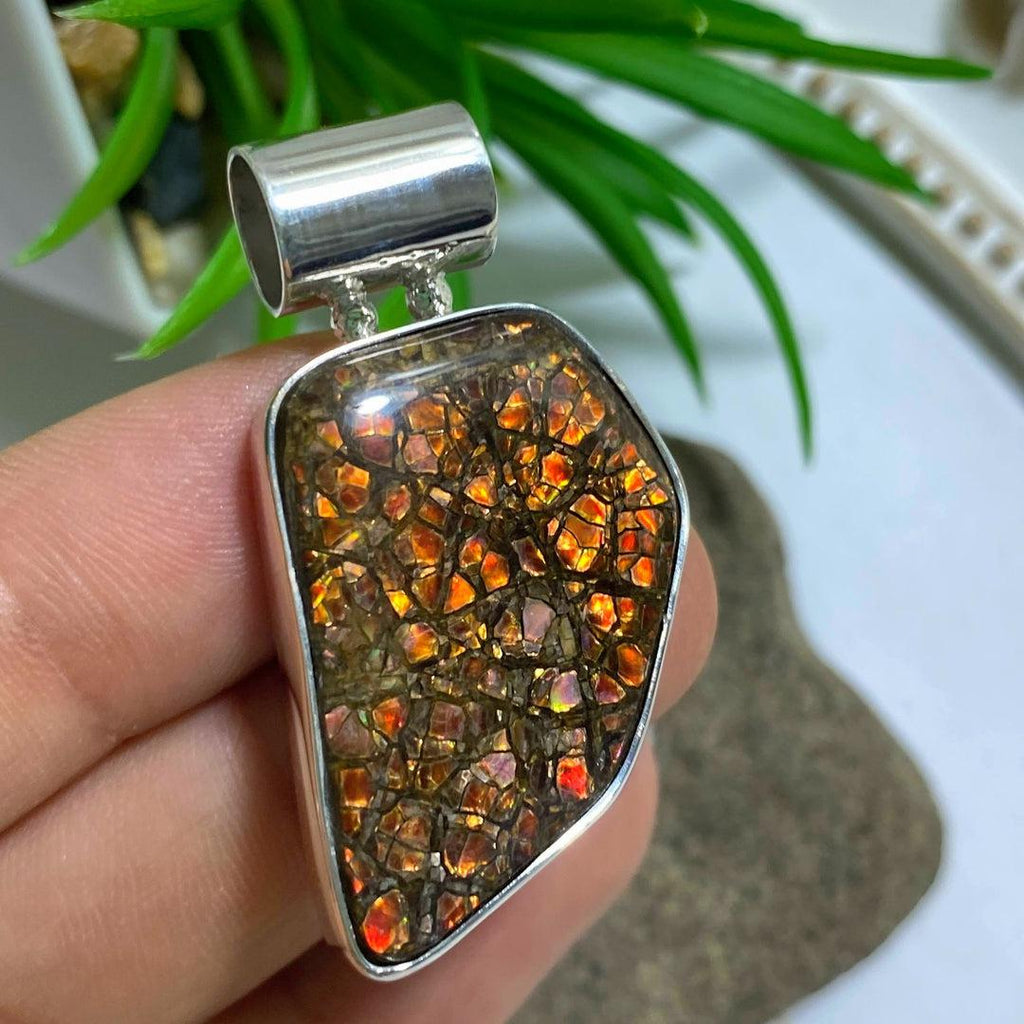 Flashy Red Ammolite Pendant in Sterling Silver (Includes Silver Chain) - Earth Family Crystals