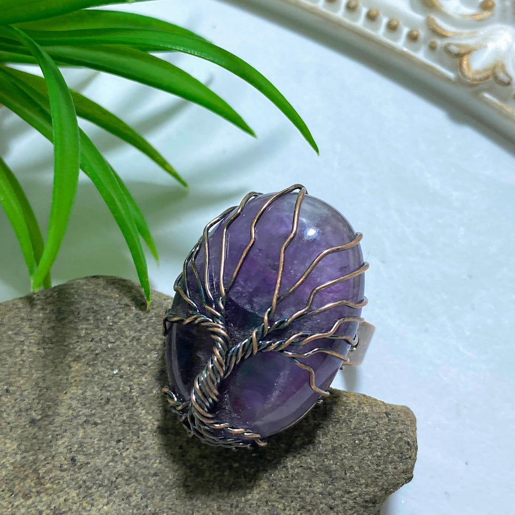 Chunky Amethyst Tree of Life Wire Wrapped Adjustable Ring (Size 8-9) - Earth Family Crystals