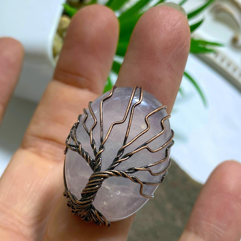 Chunky Rose Quartz Tree of Life Wire Wrapped Adjustable Ring (Size 8-9) - Earth Family Crystals
