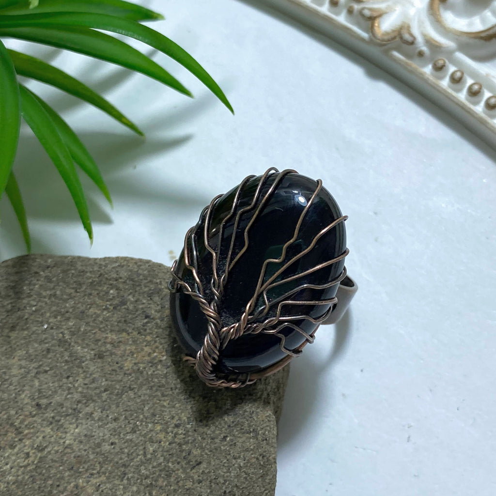 Chunky Obsidian Tree of Life Wire Wrapped Adjustable Ring (Size 8-9) - Earth Family Crystals