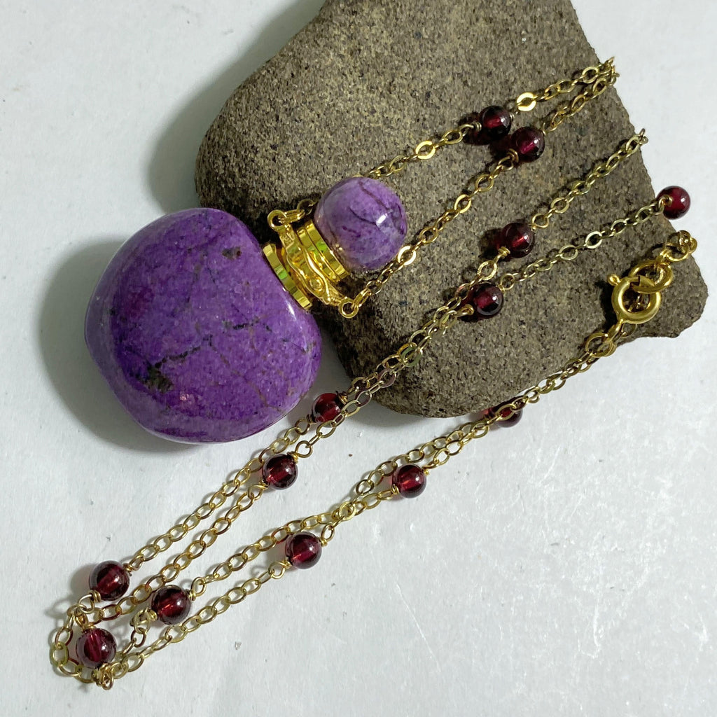 The Original ~High Quality Rare Lavenderite Essential Oil/Perfume Bottle Necklace (24 inch Beaded Garnet Gold Chain) - Earth Family Crystals