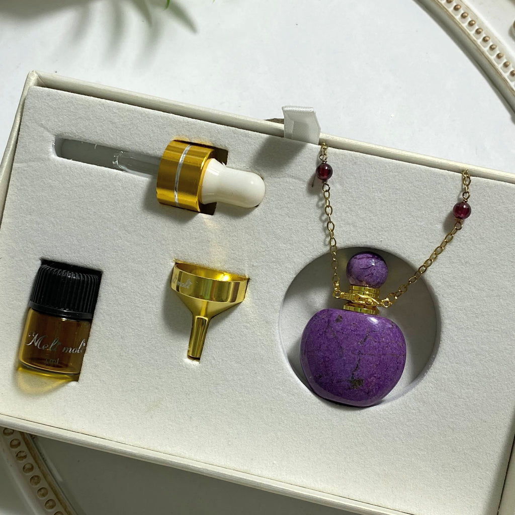The Original ~High Quality Rare Lavenderite Essential Oil/Perfume Bottle Necklace (24 inch Beaded Garnet Gold Chain) - Earth Family Crystals