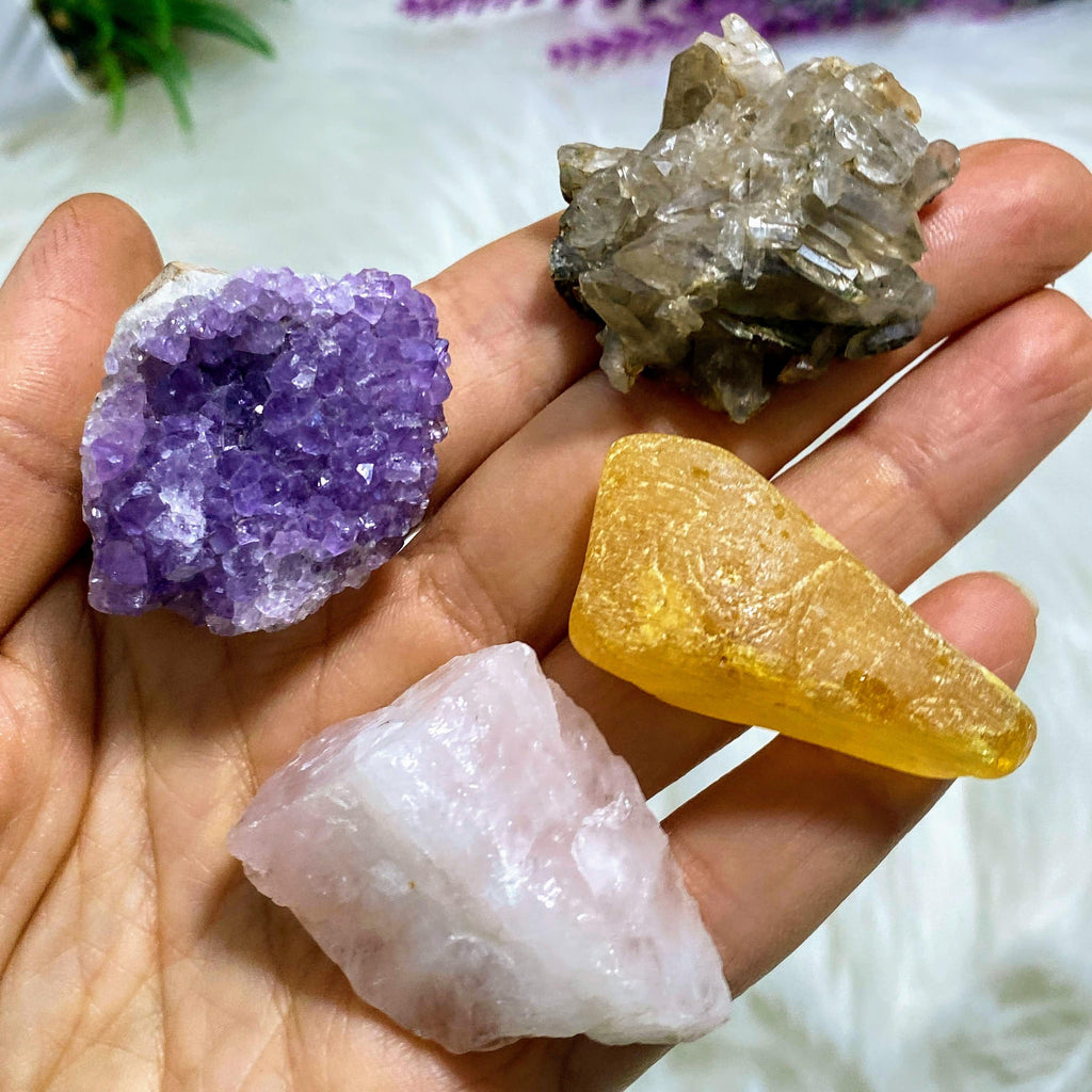 Natural Popular 4 Crystal Kit! Baltic Amber, Rose Quartz, Amethyst & Smoky Quartz Set - Earth Family Crystals