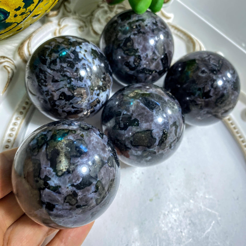 One Gorgeous Indigo Gabbro (Mystic Merlinite) Sphere Carving (Includes Wood Stand) - Earth Family Crystals