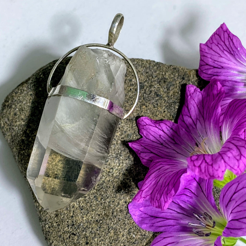 Frosted Angel Phantom Quartz Partially Polished Pendant in Sterling Silver (Includes Silver Chain) - Earth Family Crystals