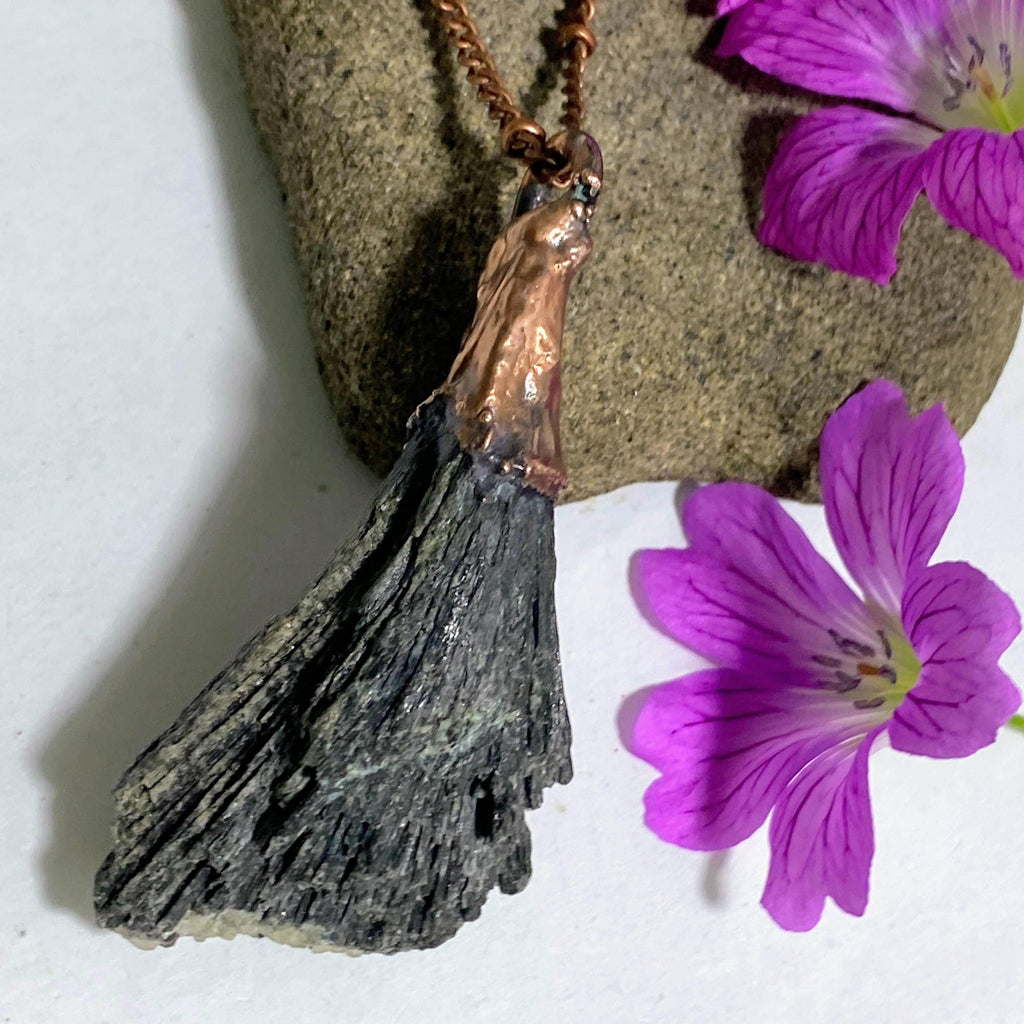 Black Kyanite Handmade Electroformed Copper Necklace (24" Chain) - Earth Family Crystals